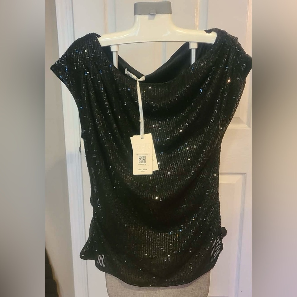 Grace Karin Black Sequin Off the Shoulder Ruched Blouse - Picture 7 of 9